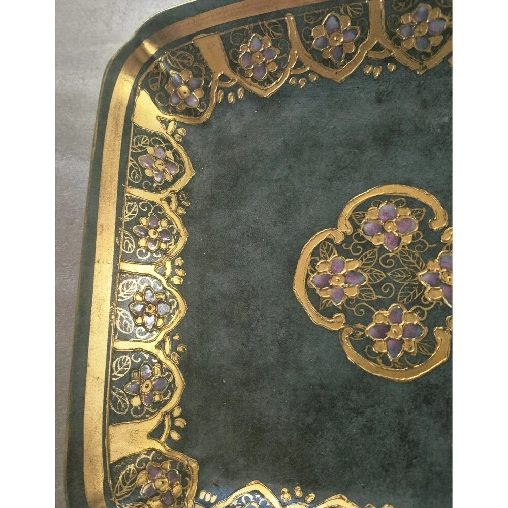 Vintage Toyo Marbella Square Decorative Dish Hand Painted Green Gold Chipped